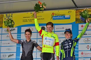 The Overall podium: 1. Emma Johansson (SWE, Orica-AIS), 2. Karol Ann Canuel (CAN, Velocio-SRAM), 3. Lauren Stephens (USA, Tibco-SVB)